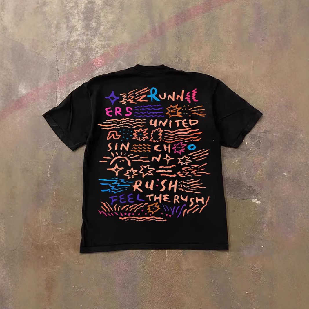 Heavyweight Pure Cotton Oversized T-Shirt Colorful Letter Print Loose Short Sleeved Men's And Women's Top_viptrois.com