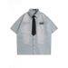 Men's Clothing Washed Retro Denim Short Sleeved Shirt Trendy College Style Loose Shirt_viptrois.com