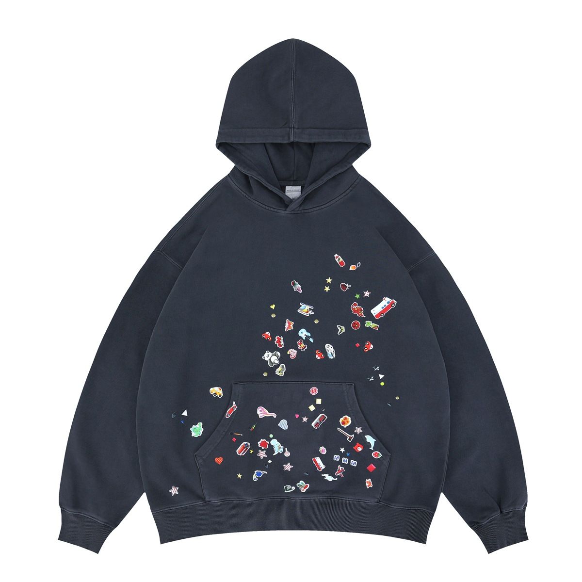 Autumn Winter New Trendy Brand Cartoon Fun Stickers Playful Mouth Blue Pattern Dye Hooded_viptrois.com