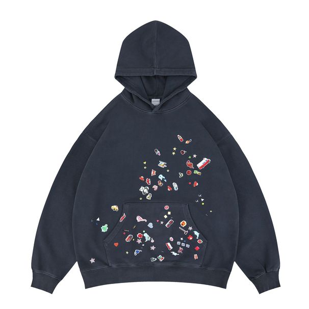 Autumn Winter New Trendy Brand Cartoon Fun Stickers Playful Mouth Blue Pattern Dye Hooded_viptrois.com