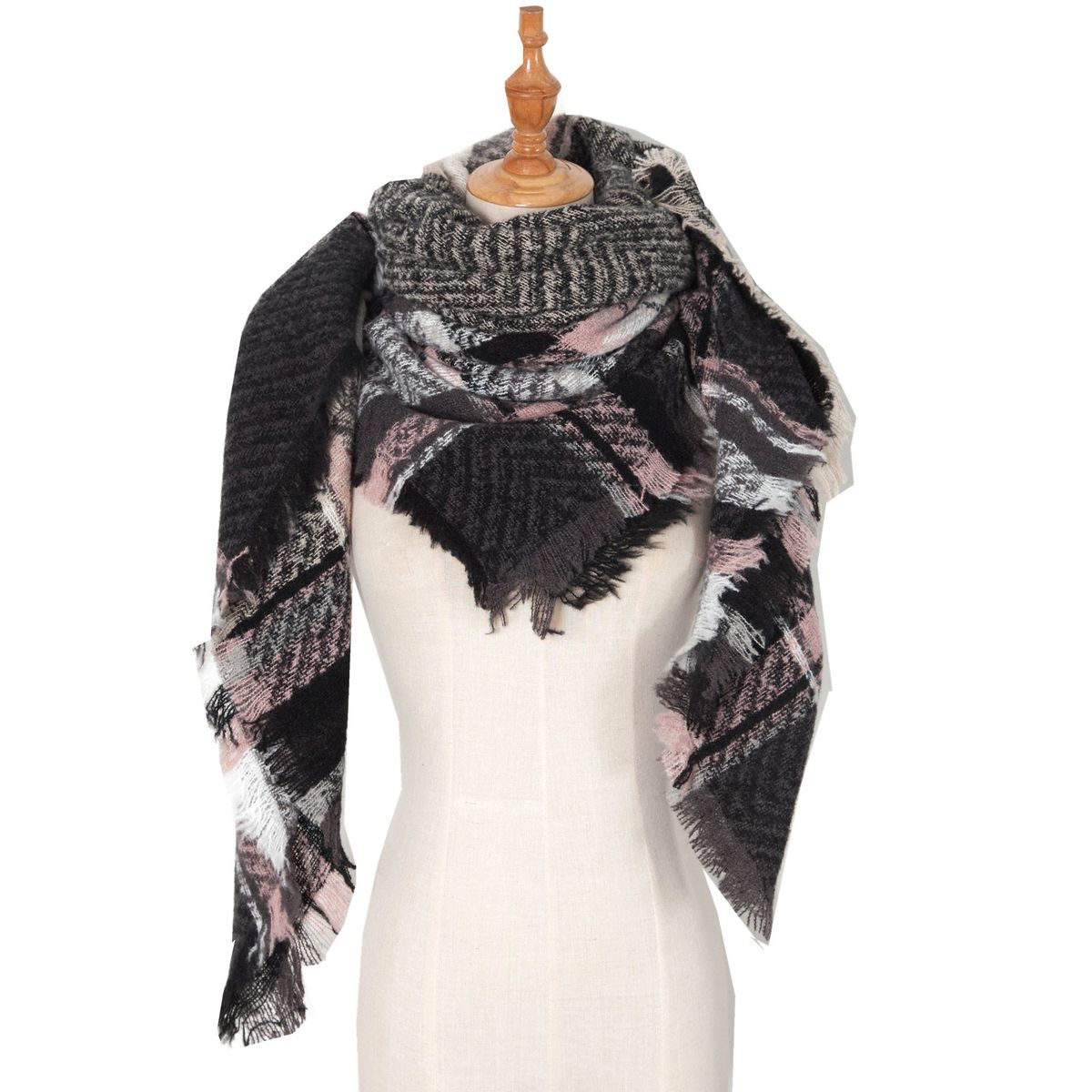 Unisex Herringbone plaid bristle square folio triangular shawl scarf_viptrois.com