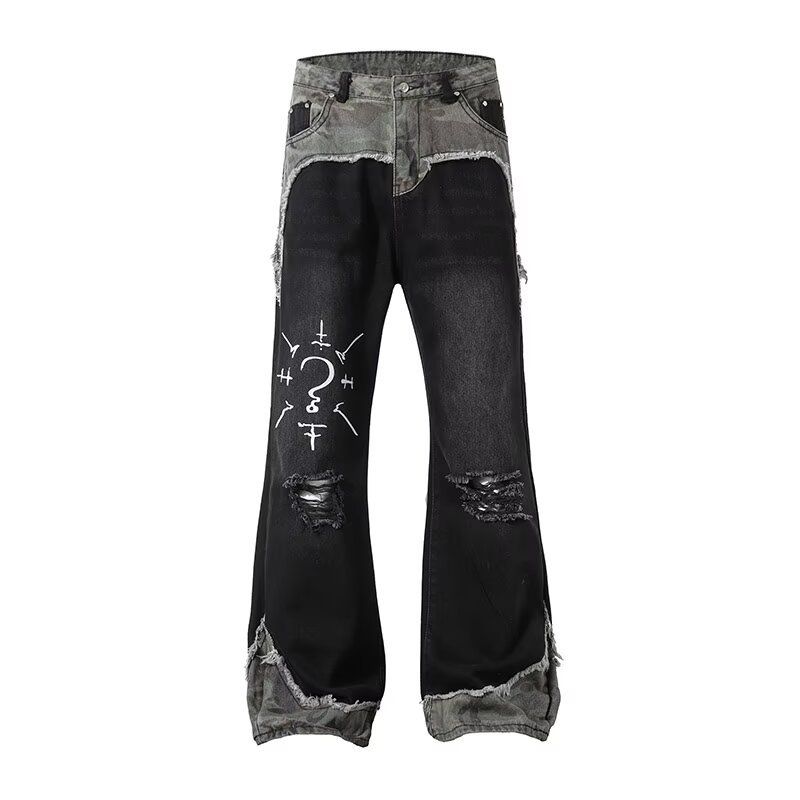 Men's Clothing High Street Graffiti Camouflage Patchwork Jeans Spring And Autumn Trousers_viptrois.com