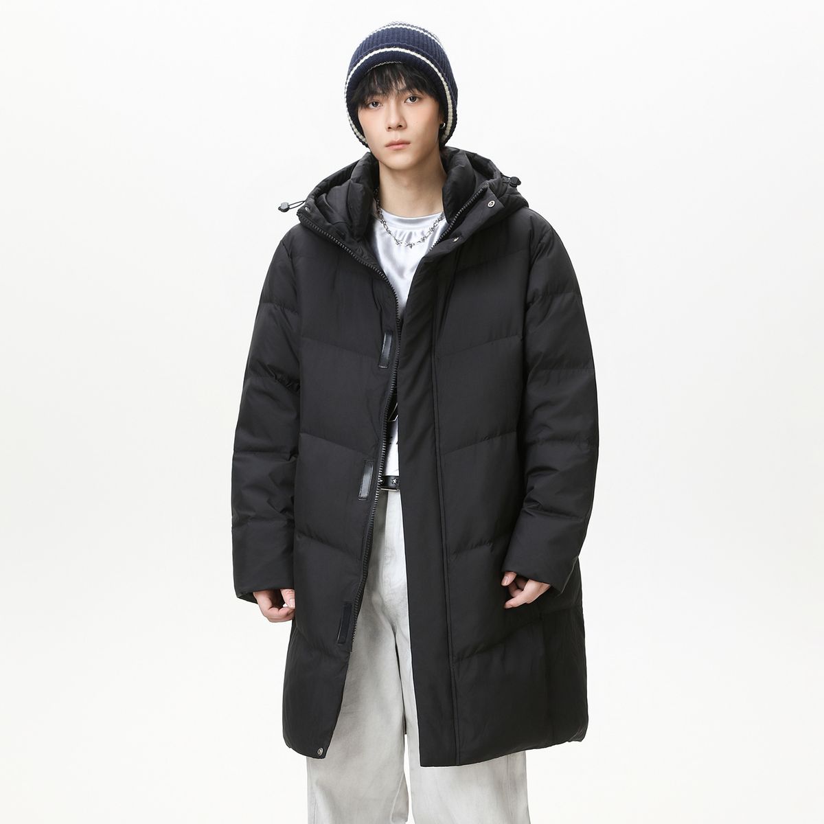 Unisex Longline Hooded Down Jacket - 90% White Duck Feather Fill, 700FP, Oversized Winter Coat (S-3XL, Black/Cream)_viptrois.com