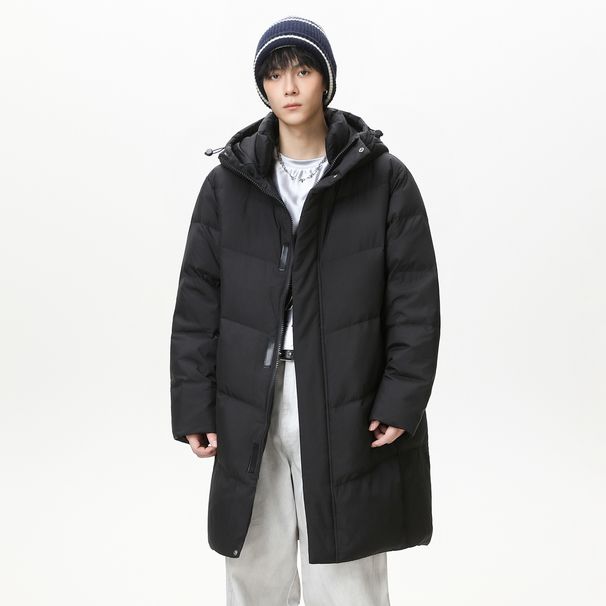 Unisex Longline Hooded Down Jacket - 90% White Duck Feather Fill, 700FP, Oversized Winter Coat (S-3XL, Black/Cream)_viptrois.com