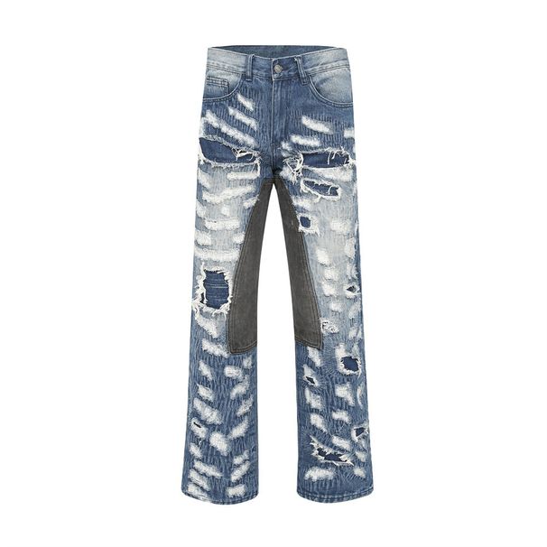Heavy-Duty Distressed Embroidered Denim Men's High Street Vibe Wasteland Punk Niche Patchwork Personality Wide-Leg Pants_viptrois.com