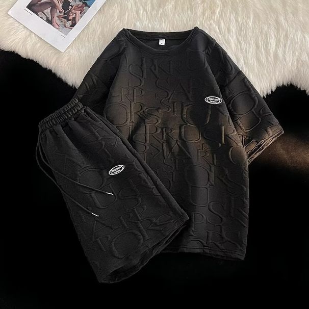 Men's Clothing Summer Waffle Short Sleeved T Shirt Loose Summer Clothing Trendy Sports Casual Pants One Piece Suit_viptrois.com