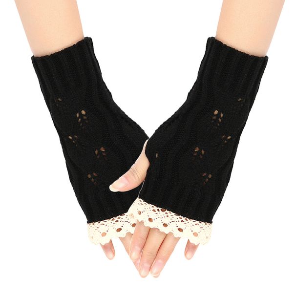 Unisex Autumn and winter lace gloves knitted acrylic wool sleeves hollow leaf wrist sleeves sleeves half finger gloves_viptrois.com