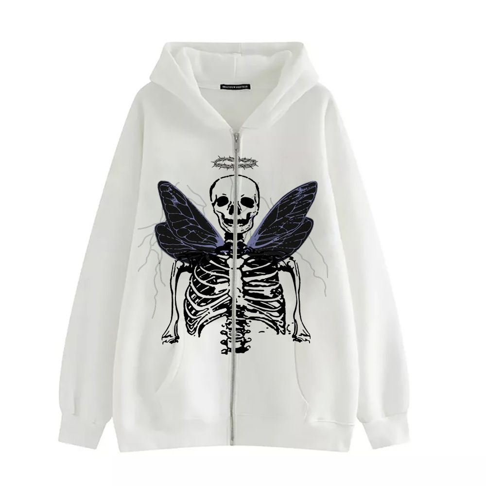 Street Hip-Hop Angel Butterfly Print Black Zipper Hoodie 2022 Y2K Harajuku Jacket Sweatshirt For Women_viptrois.com
