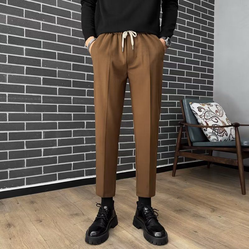 Men's Thick Wool Casual Trousers Straight Leg Brushed Autumn Winter Cropped Drawstring Wrinkle Free Drape Feel_viptrois.com
