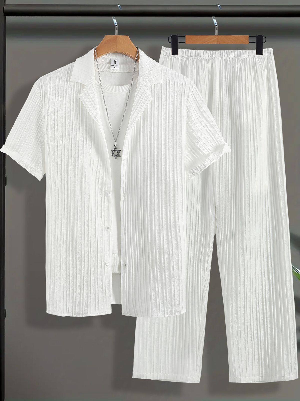 Men's Ribbed Short Sleeve Suit Set - Breathable Summer Office & Casual Outfit (Dark Gray, S-XXL)_viptrois.com