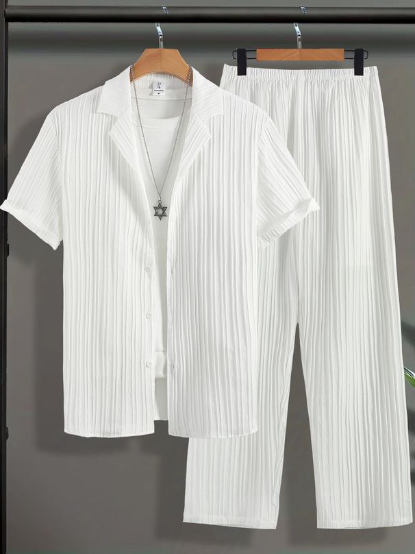 Men's Ribbed Short Sleeve Suit Set - Breathable Summer Office & Casual Outfit (Dark Gray, S-XXL)_viptrois.com