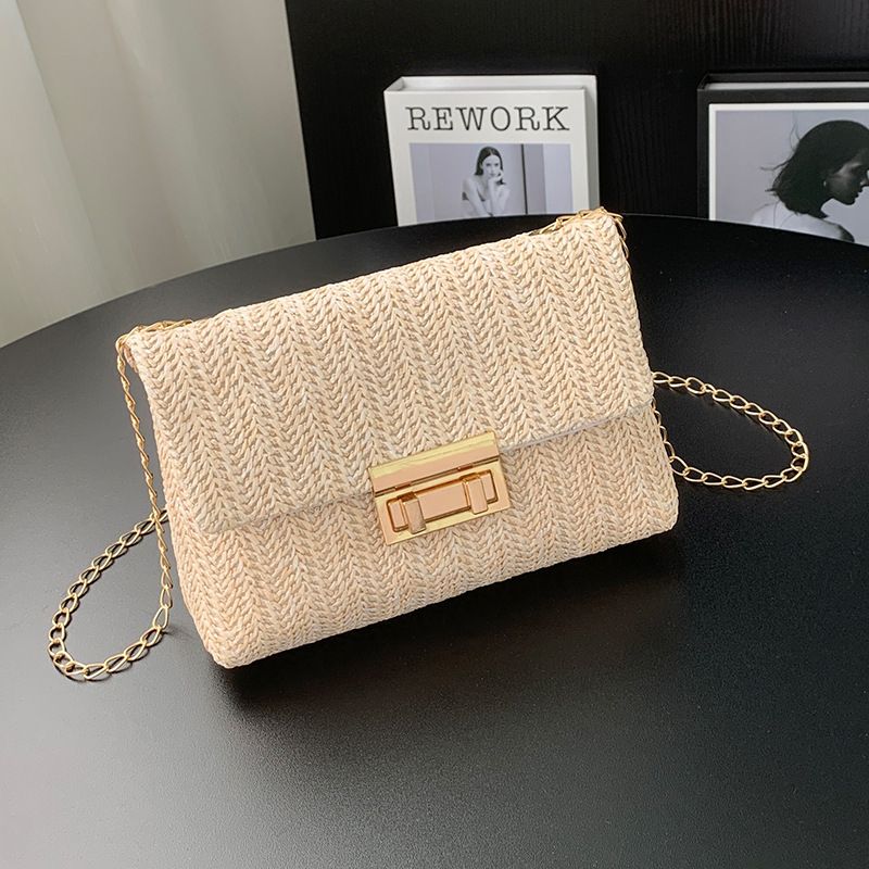 Women's Bags Sweet Style Fashion Straw Double Head Lock Shoulder Bag Summer New Style Trendy All Match Commuter Chain Messenger Bag_viptrois.com