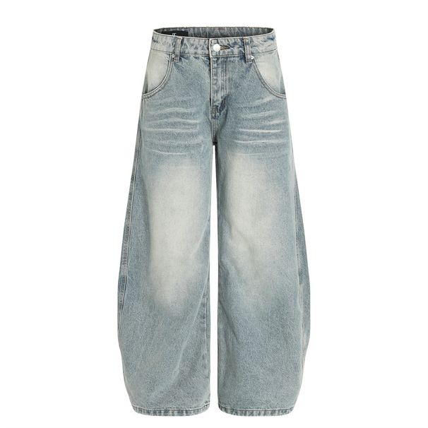 Washed Vintage Denim Scimitar Pants Men's High Street Trend Wide-Leg Trousers With Ruched Design And Curved Scythe Shape_viptrois.com