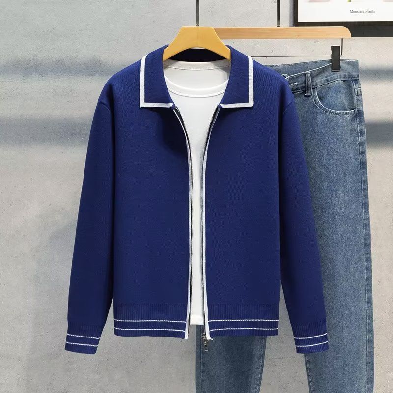 Men's Clothing Men's Japanese Minimalist Cardigan - Double-Zip Knit Sweater Coat With Notch Lapel, Oversized Relaxed Fit (Navy/Black/Olive Green)_viptrois.com
