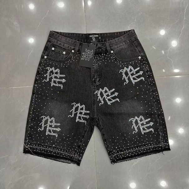 MIXED EMOTION Classic Style Rhinestone Logo Washed High Street Unisex Casual Denim Shorts For Summer_viptrois.com