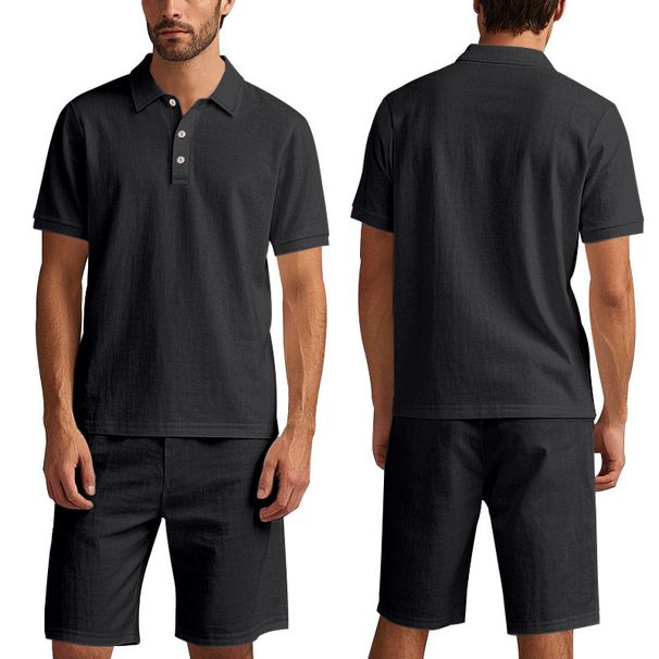 Men's Linen Polo Shirt & Shorts Set - Breathable Summer Outfit, Loose Fit Casual Short Sleeve Suit_viptrois.com