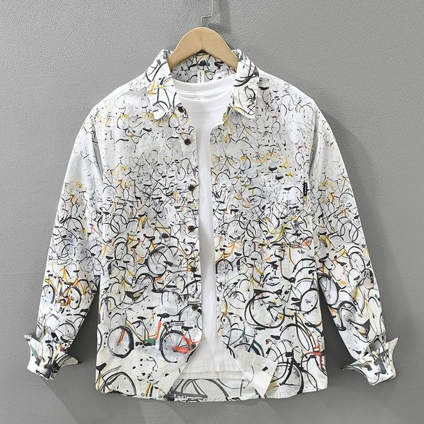 Trendy Printed Long Sleeved Shirt For Men, Fashionable And Versatile, Artistic And Casual Loose Top_viptrois.com