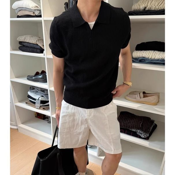 Men's Retro Polo Shirt Short Sleeve Minimalist Old Money Style Knitted Sports T-Shirt Top For Summer_viptrois.com