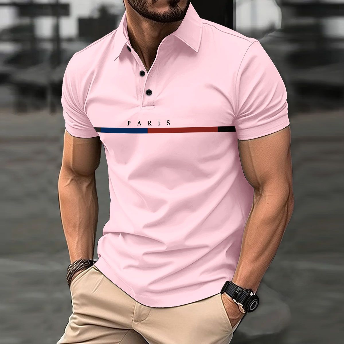 Men's Stripe Print Polo Shirt - Breathable Short Sleeve Casual Top With Button Collar, Lightweight & Comfortable For Summer_viptrois.com