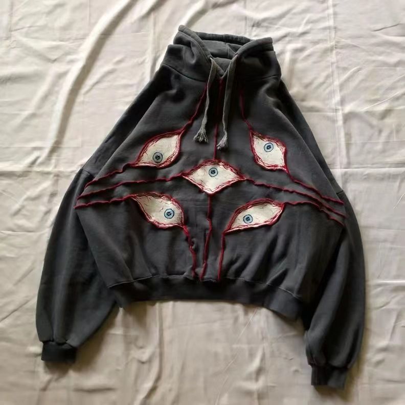 Devil Eyes Cotton Hoodie 1990s Vintage Pattern Printed Top L_viptrois.com