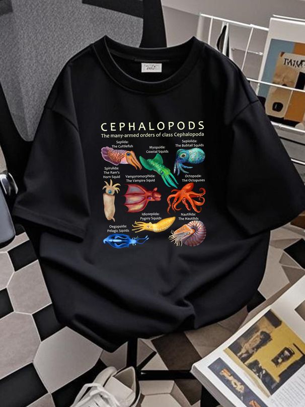 The Cephalopod: Octopus, Squid, Cuttlefish, And Nautilus T-Shirt Size S-5XL Stylish Breathable Graphic Homme Designer Clothes Slightly Stretched_viptrois.com