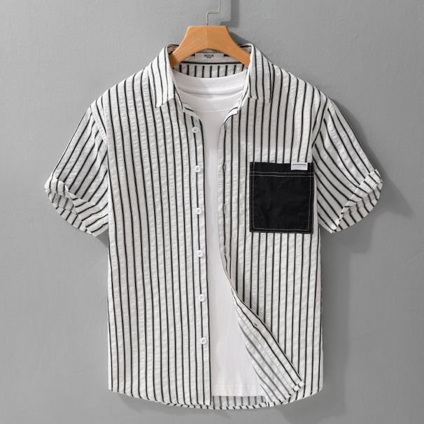 Summer Men's Striped Short Sleeved Shirt Trendy Bubble Texture Comfortable Versatile Top Men's Shirt_viptrois.com