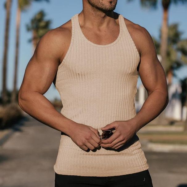 Men's Slim Racer Vest Solid Color Knitted Fitness Sports Top For Spring Summer New Casual Breathable Short Sleeve_viptrois.com