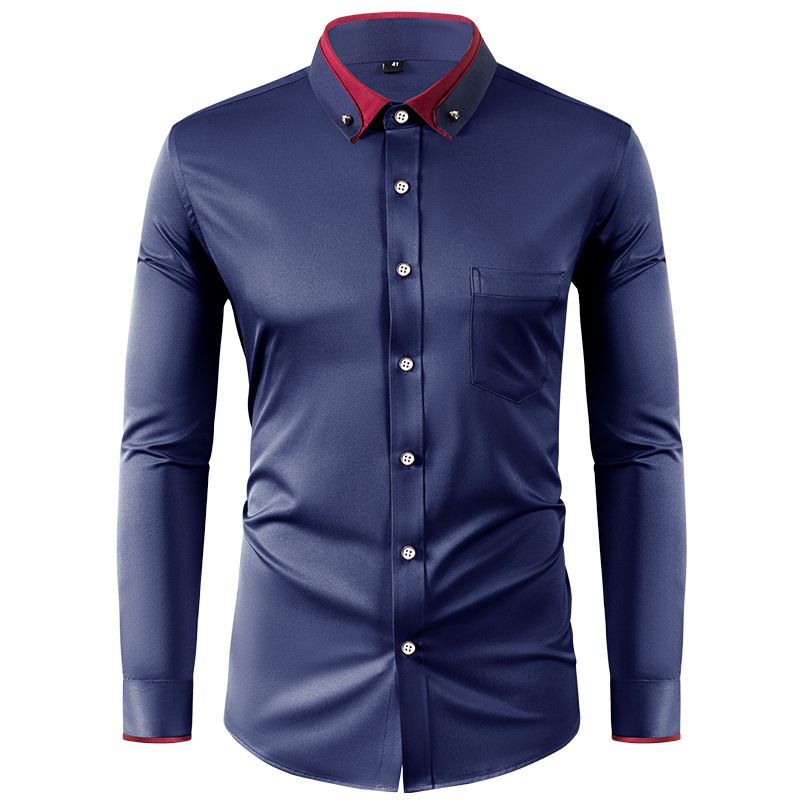 Men's Clothing four way stretch shirt men's color matching collar diamond button long sleeved shirt business casual men's shirt foreign trade _viptrois.com