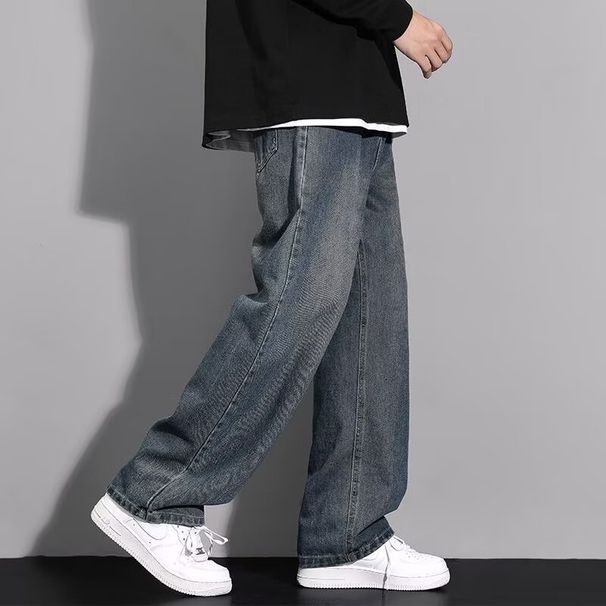 American Retro Distressed Jeans Men's Loose Straight Wide-Leg Youth Trendy High Street Casual Long Pants_viptrois.com