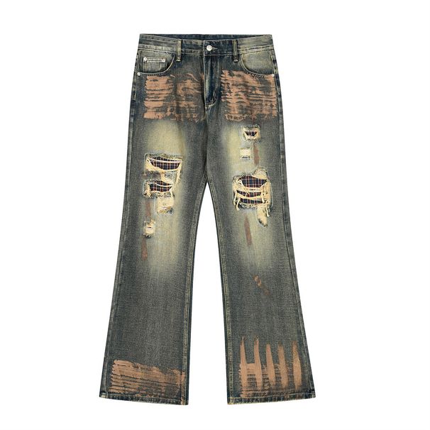 Post-Industrial Heavy-Duty Washed Distressed Denim Flared Pants Vibe Hippie Trend Ink-Splattered Niche Men's Trousers_viptrois.com