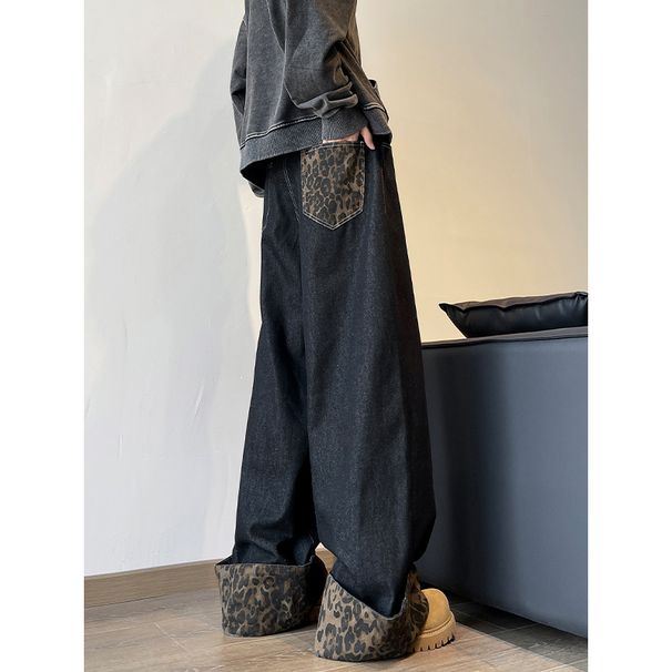 Leopard Print Patchwork Black Jeans For Men, Spring Autumn Trendy Brand, Loose Straight Wide-leg Pants, American High_viptrois.com