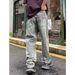 Men's Distressed Patchwork Baggy Jeans - Relaxed Fit Wide Leg Denim Pants With Contrast Applique_viptrois.com