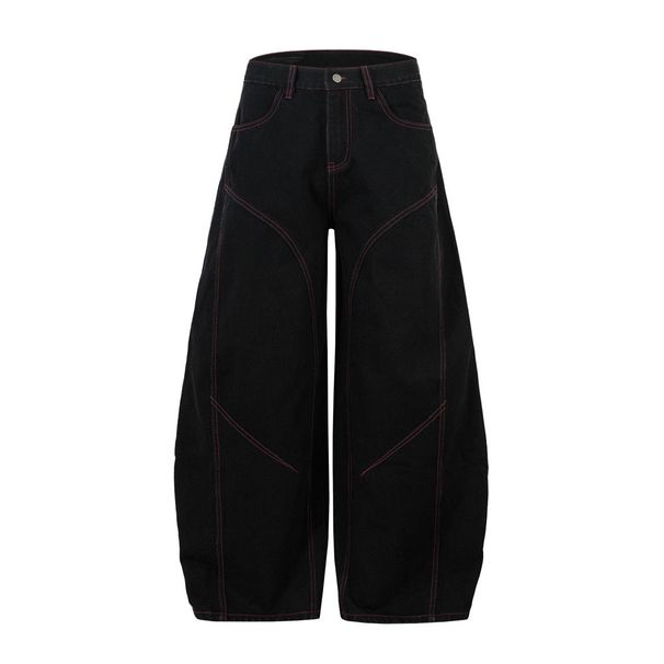 Silhouette Scimitar Jeans Men's High Street Trend Deconstructed Patchwork Distressed Washed Wide-Leg Long Pants Workwear_viptrois.com