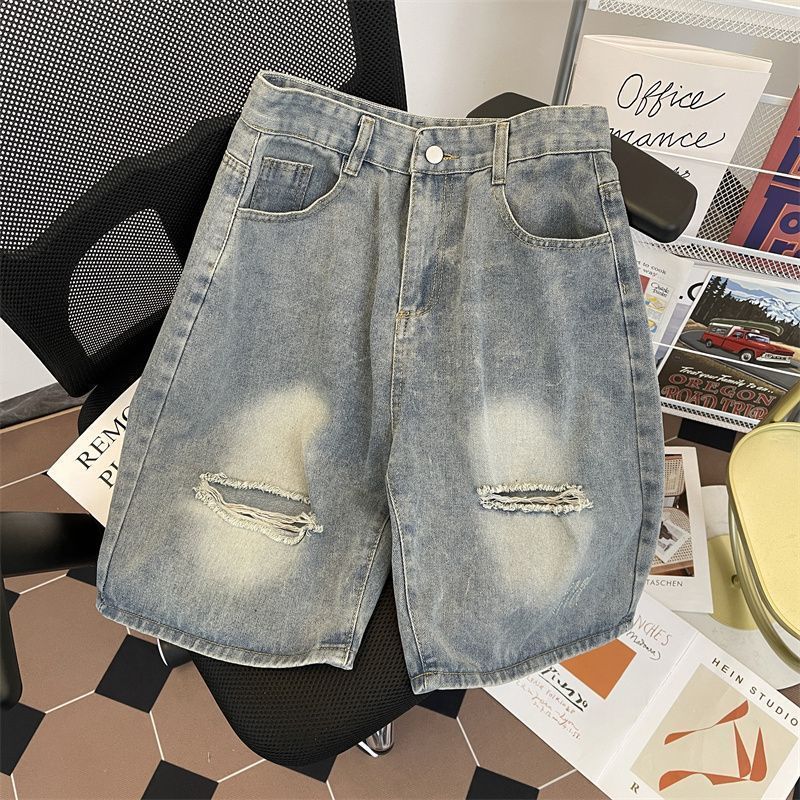 Men's Clothing Pants Fashion Washed Ripped Denim Shorts Thin Loose Retro Handsome Shorts_viptrois.com