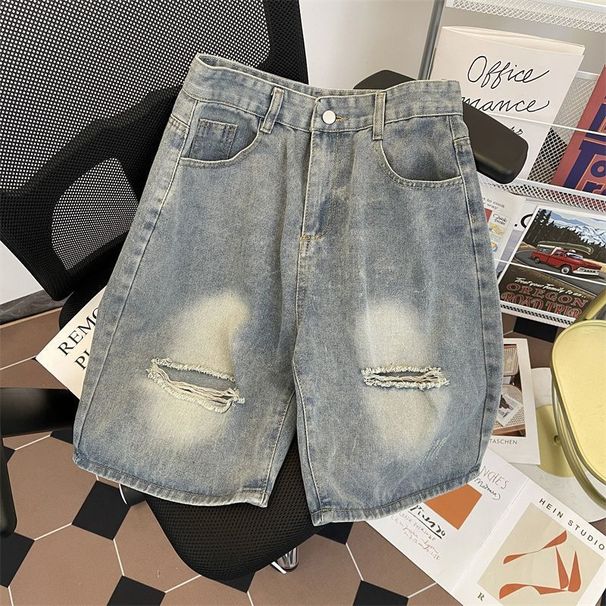 Men's Clothing Pants Fashion Washed Ripped Denim Shorts Thin Loose Retro Handsome Shorts_viptrois.com