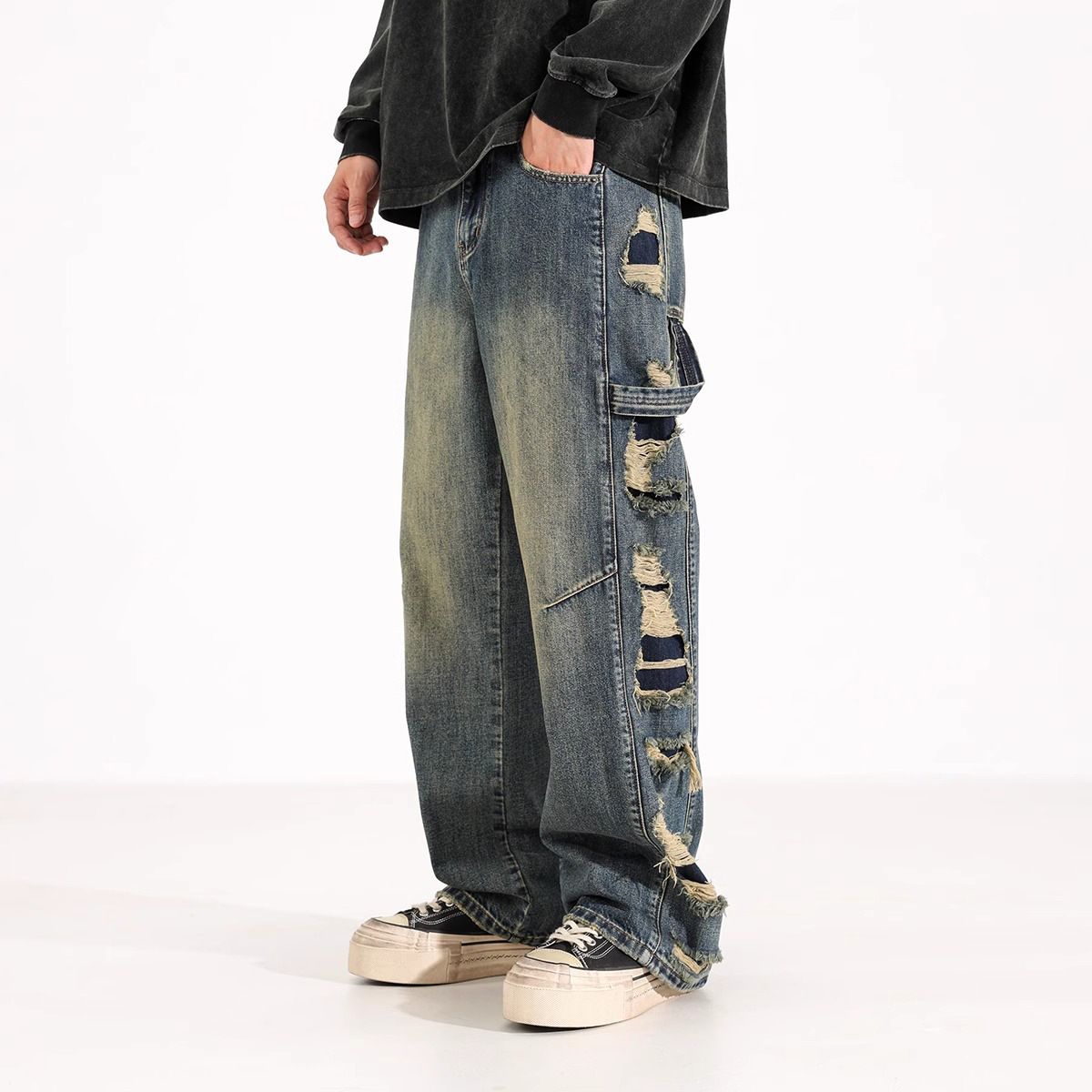 Men's Clothing Autumn Hard Work High Waist Washed Side Big Hole Wide Leg Handsome And Slim Distressed Jeans_viptrois.com