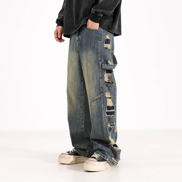 Men's Clothing Autumn Hard Work High Waist Washed Side Big Hole Wide Leg Handsome And Slim Distressed Jeans_viptrois.com