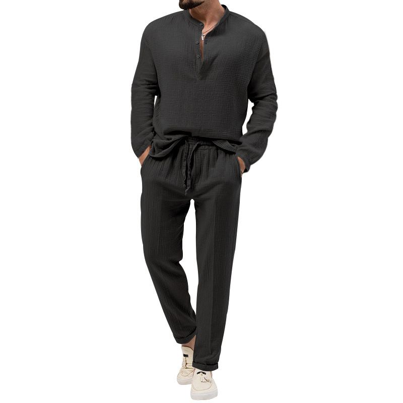 Men's Clothing Autumn New Products Hot Selling Men's Solid Color Casual T Shirt Long Sleeved Shirt Trousers Suit_viptrois.com
