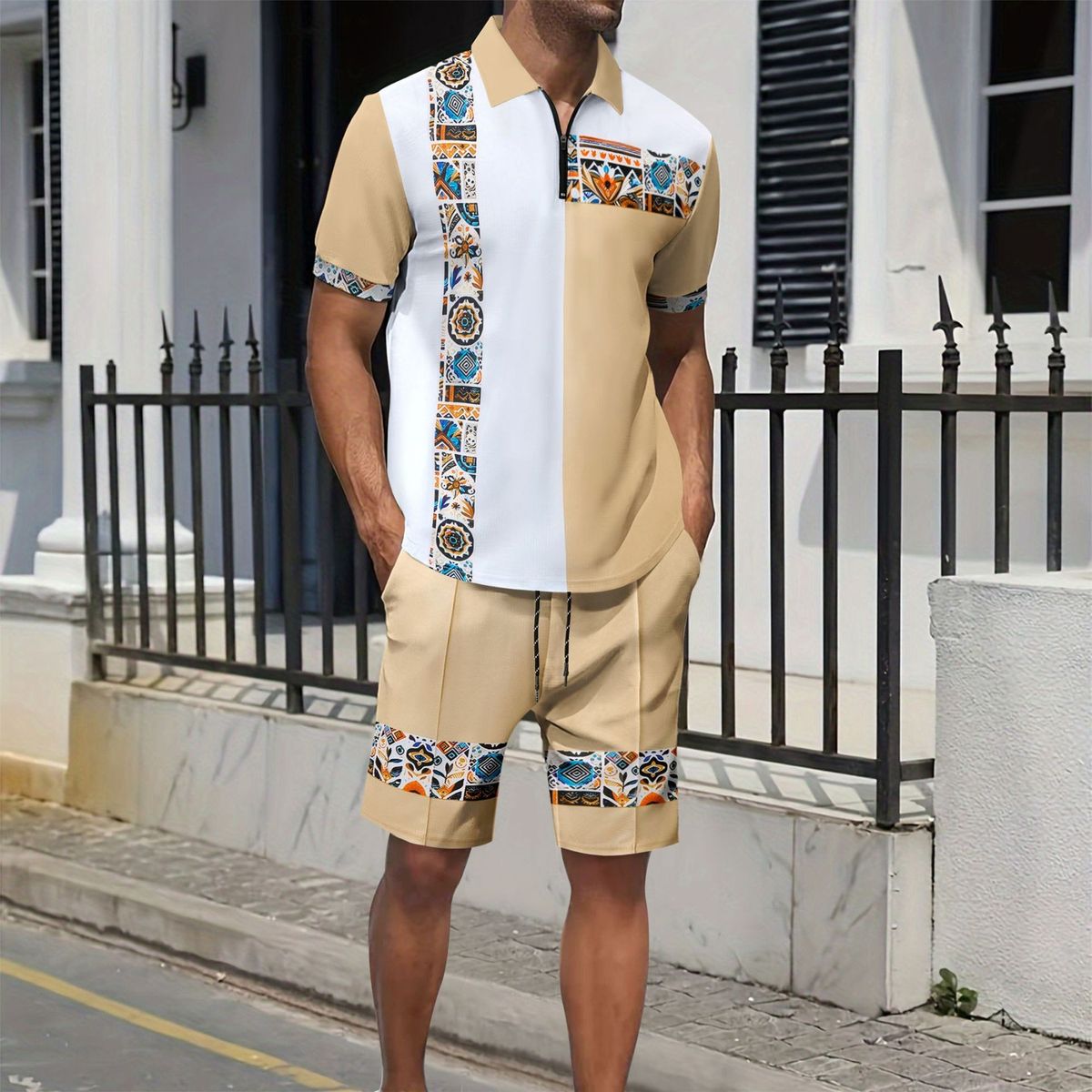 Men's Clothing Summer Men's New Printed Zipper Color Matching Short Sleeved Shorts Two Piece Casual Suit_viptrois.com