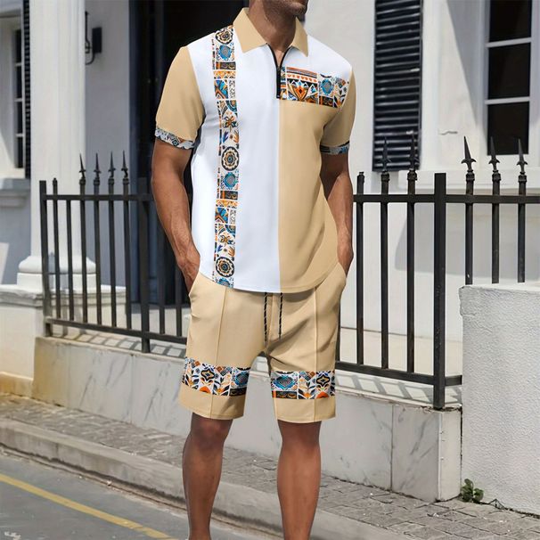 Men's Clothing Summer Men's New Printed Zipper Color Matching Short Sleeved Shorts Two Piece Casual Suit_viptrois.com