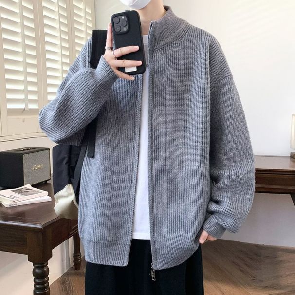 Autumn And Winter Simple Stand Up Collar Sweater Cardigan Men's Loose Knit Sweater Jacket For Teenagers_viptrois.com