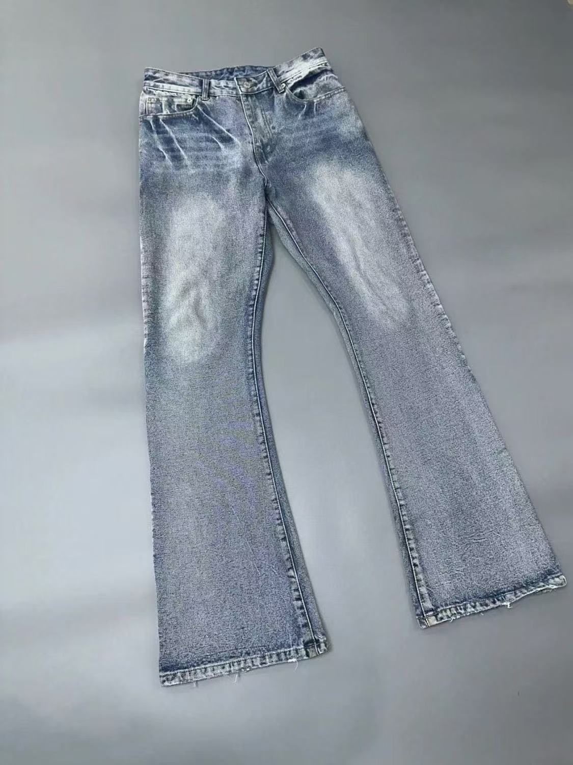 Men's Clothing Paris Style Flared Lost Videotape Ice Blue Washed Damaged Flared Jeans Clean Fit Style_viptrois.com