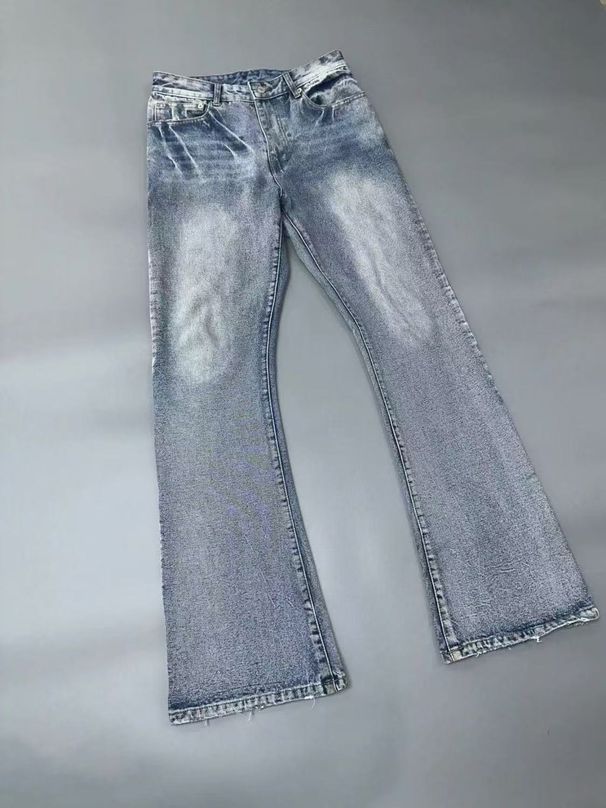 Men's Clothing Paris Style Flared Lost Videotape Ice Blue Washed Damaged Flared Jeans Clean Fit Style_viptrois.com