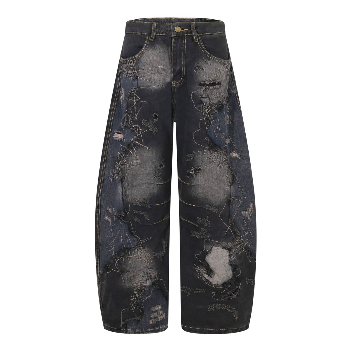 Men's Clothing American High Street Splicing Destruction Machete Jeans Women's Summer New Loose Wasteland Style Tattered Wide Leg Trousers Trend_viptrois.com