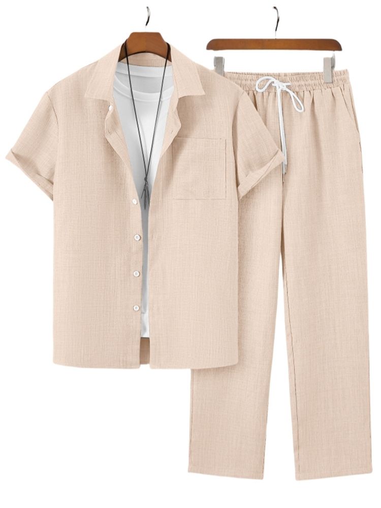Men's 2-Piece Outfit Casual Short Sleeve Shirt & Long Pants Set - Breathable Polyester, Lightweight Summer Wear For Beach & Outdoor Activities_viptrois.com
