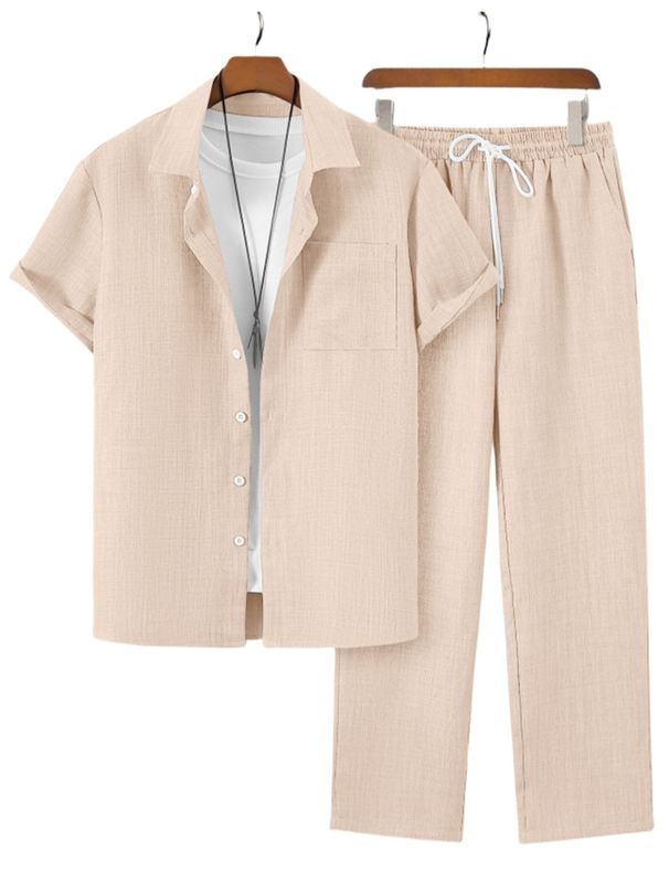 Men's 2-Piece Outfit Casual Short Sleeve Shirt & Long Pants Set - Breathable Polyester, Lightweight Summer Wear For Beach & Outdoor Activities_viptrois.com