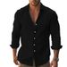 Men's Casual Long Sleeved Shirt Solid Color Lapel Button Down Cotton Beach Top Style New_viptrois.com