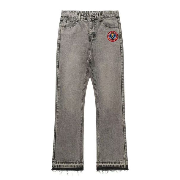 Men's Clothing Men's Washed Vintage Denim Jeans With Tasseled Cuffs And Color Blocked Design, Featuring A Tiger Head Motif._viptrois.com