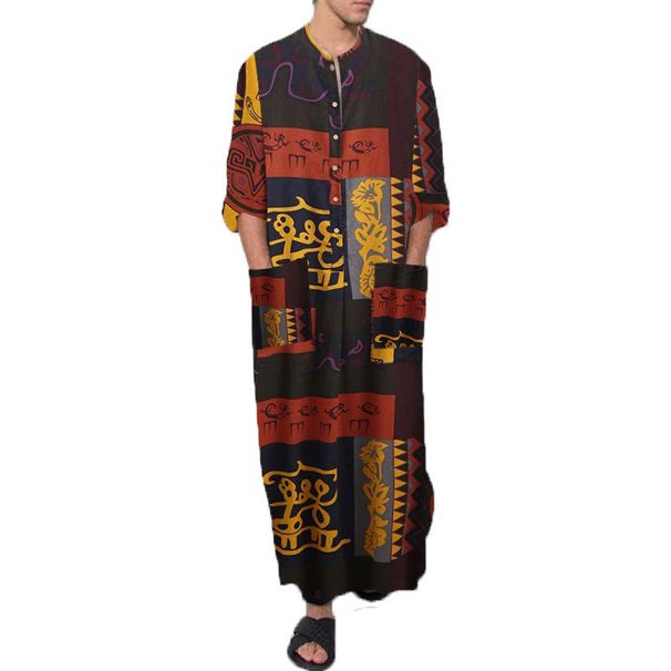 Foreign Trade Spring And Summer Clothing Long Sleeve One-piece Men's Striped Printed Muslim Men's Robes_viptrois.com