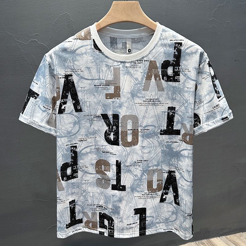 2025 Summer New Light Luxury Trend Wear Letter Printing Short-sleeved Round Neck Personalized Top Half-sleeved Men's T-shirt_viptrois.com
